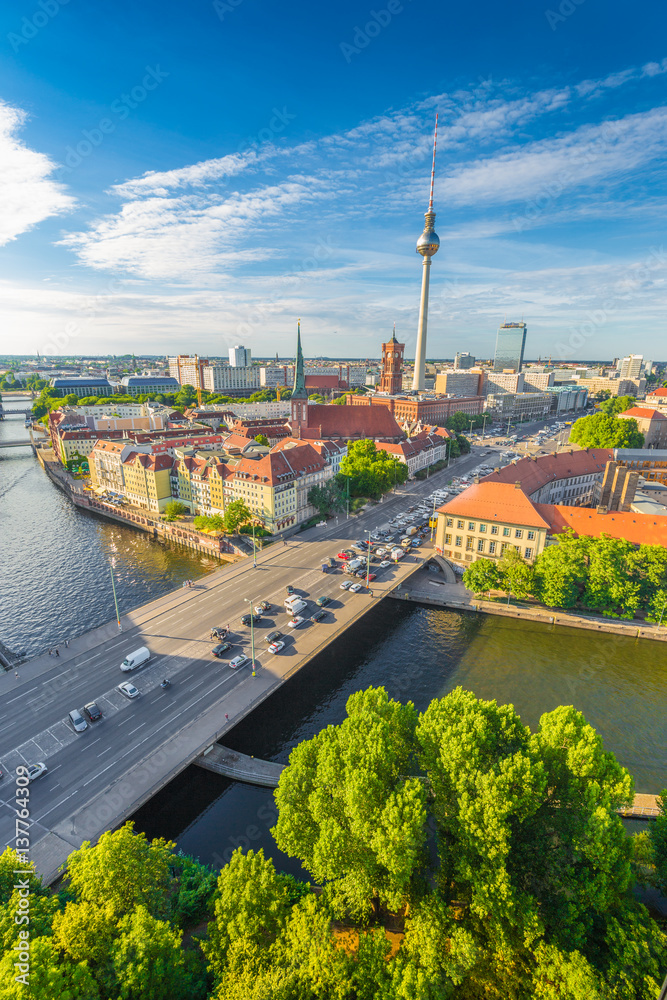 Naklejka premium Widok na panoramę Berlina ze Szprewą w lecie, Niemcy