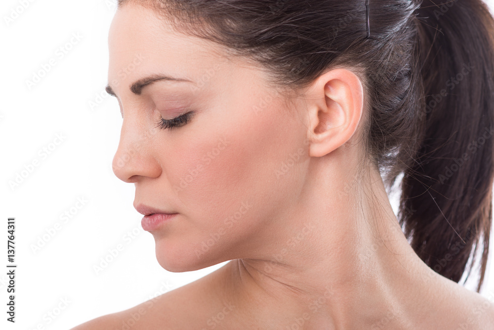 Beauty Woman face profile surgery close up portrait. Female model without make-up isolated on white. Beauty Woman face profile surgery close up portrait. Female model without make-up isolated on white.