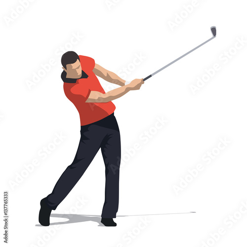 Golf swing front view, abstract vector illustration. Golfer in orange shirt and dark trousers