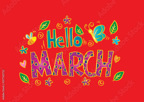 Hello March decorative lettering card