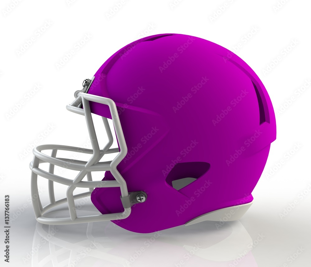 Pink american football helmet side view on a white background with detailed clipping path, 3D rendering Pink american football helmet side view on a white background with detailed clipping path, 3D rendering