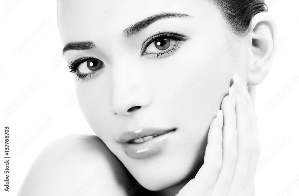 Beautiful girl with clean fresh skin, white background Beautiful girl with clean fresh skin, white background