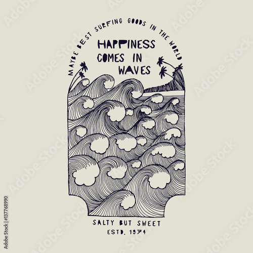 happines comes in waves - tropical ocean waves drawing print