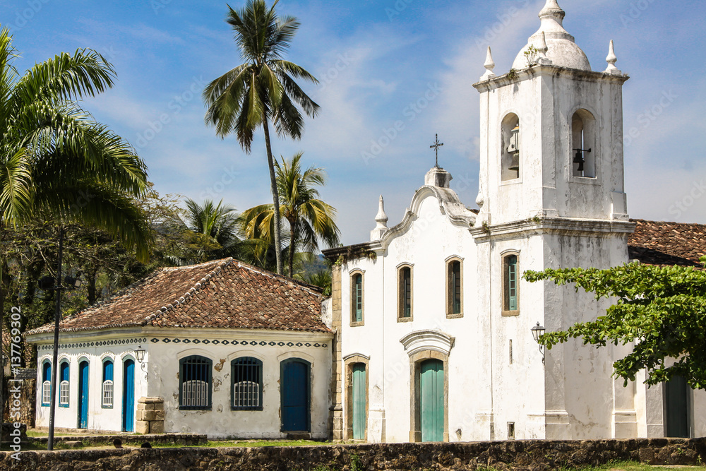 View of colonial church Igreja Nossa Senhora das Dores, Paraty, Brazil