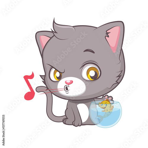 Cute gray cat character being prepared to catch the fish ( use for stickers, fun scenes, decoration etc. )