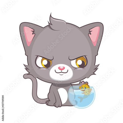 Cute gray cat character trying to catch the fish from the bowl ( use for stickers, fun scenes, decoration etc. )