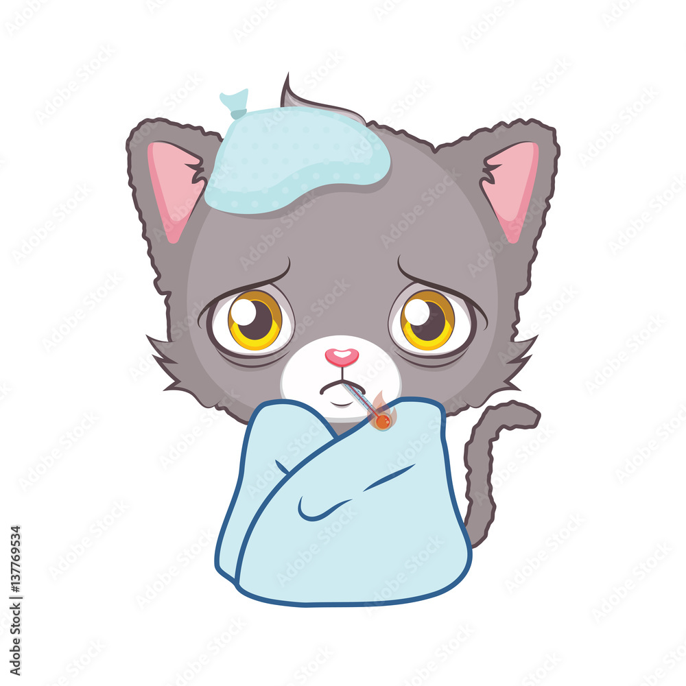 Cute gray cat character feeling sick ( use for stickers, fun scenes,  decoration etc. ) Stock Vector | Adobe Stock