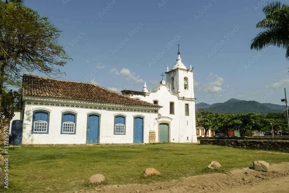 View of colonial church Igreja Nossa Senhora das Dores, Paraty, Brazil