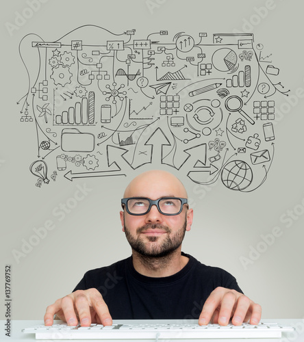 Hand drawn Complex schema going out of the head of a Young attractive bold man geek with glasses