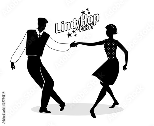 Lindy Hop Party. Silohouettes of young hipster couple dancing swing. Cartoon style