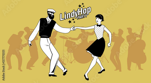 Lindy Hop Party. Young hipster couple dancing swing. Cartoon style