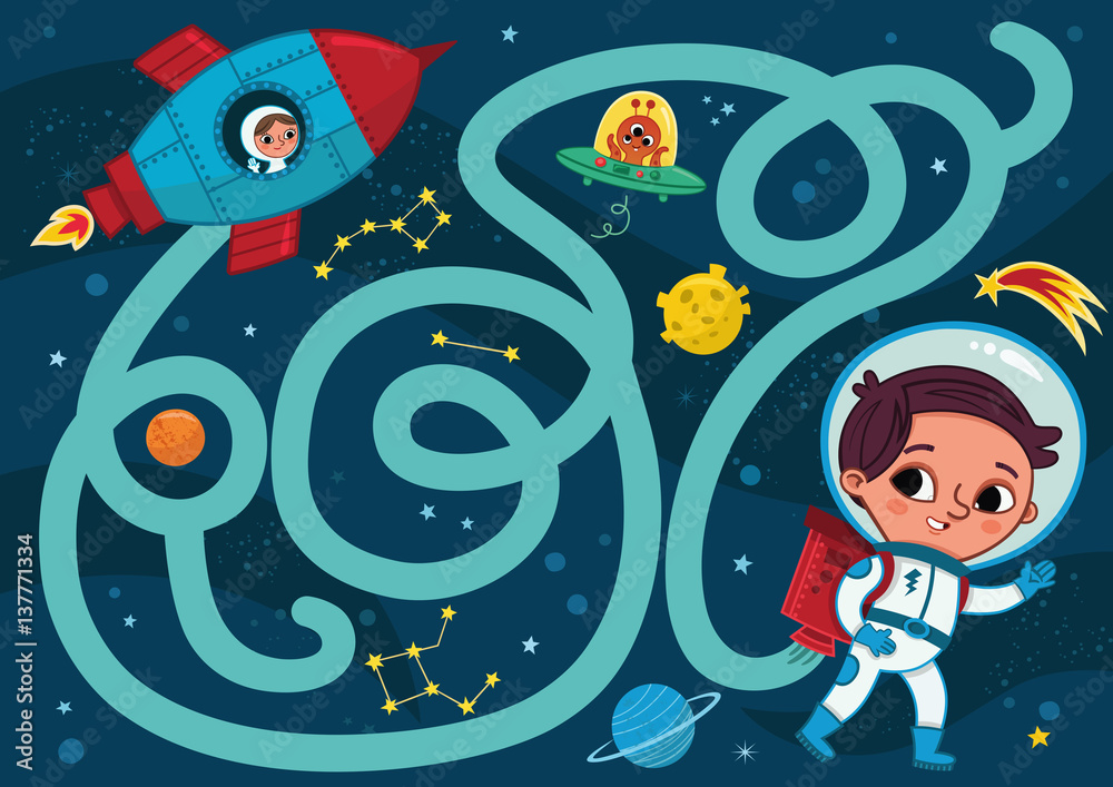 Naklejka premium Can you help the astronaut for to go back to rocket? (Vector illustration of maze game)