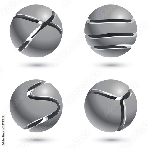 3D cut metal sphere signs isolated on white background.