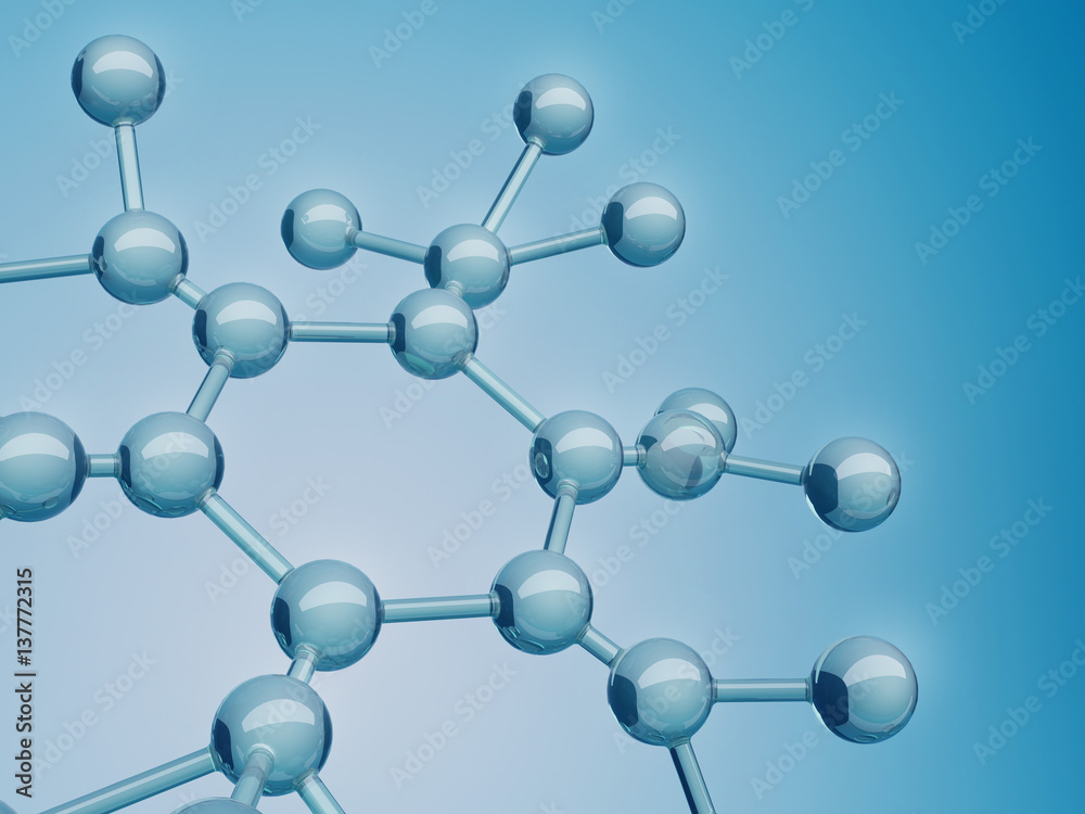 Abstract atomic structure 3D rendering. Blue glass molecular structure background. Abstract atomic structure 3D rendering. Blue glass molecular structure background.