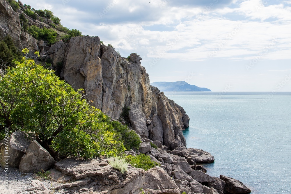 Rocky landscape of Crimea Novy Svet coast. Stone head on rock