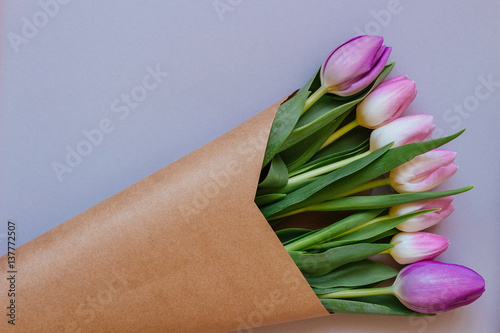 Fototapeta Naklejka Na Ścianę i Meble -  Bouquet of beautiful pink and purple fresh tulips