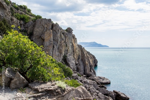 Rocky landscape of Crimea Novy Svet coast. Stone head on rock © azamotkin