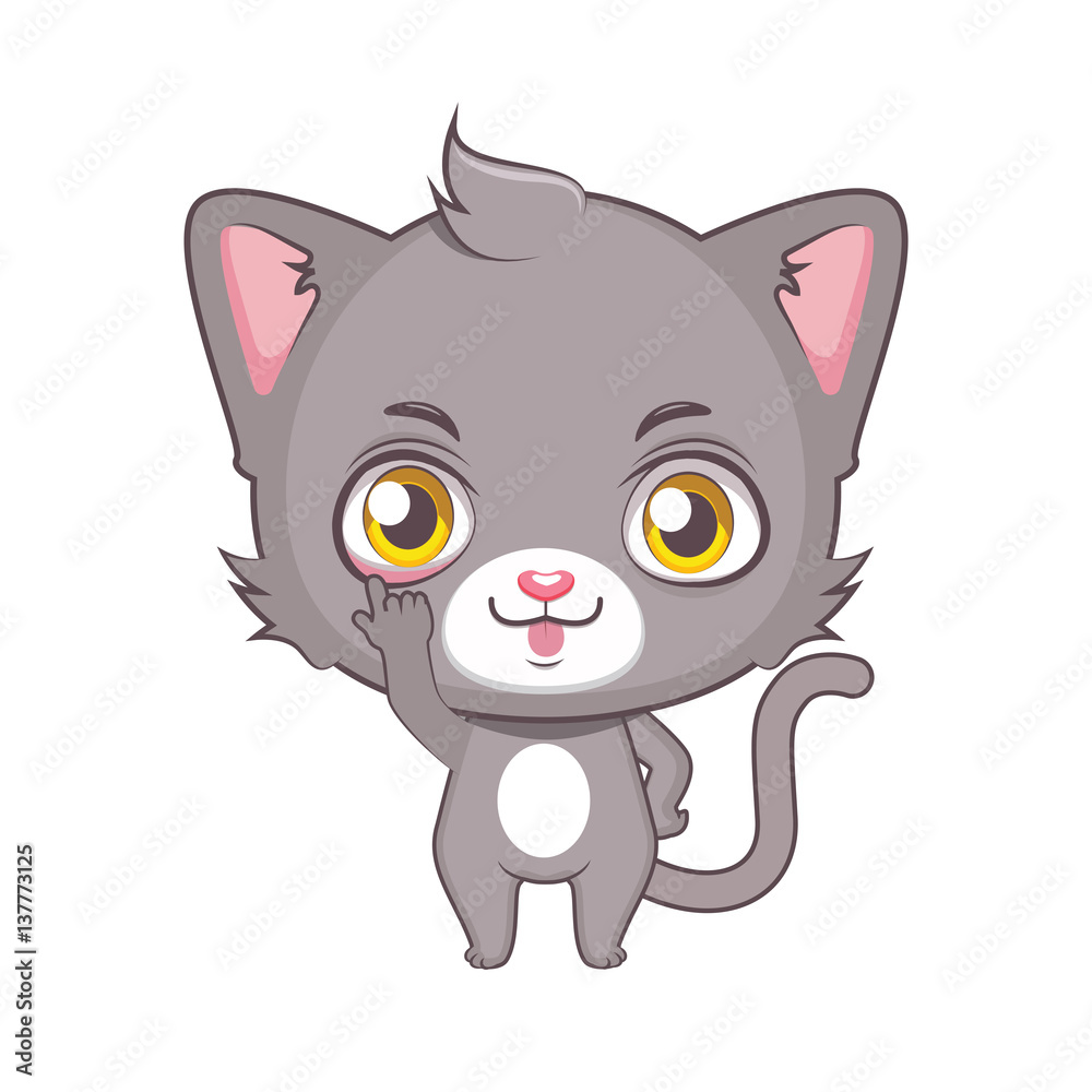 Cute gray cat character pulling faces ( use for stickers, fun scenes, decoration etc. )
