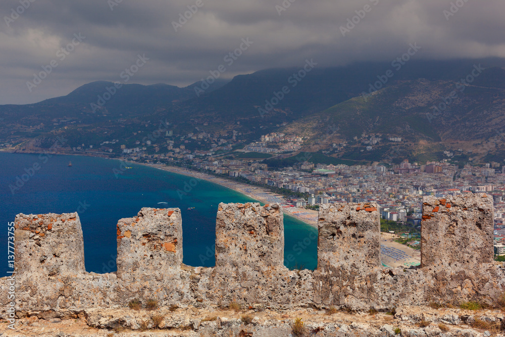 View of Kleopatra beach from stone wall of Alanya Castle. Alanya, Turkey