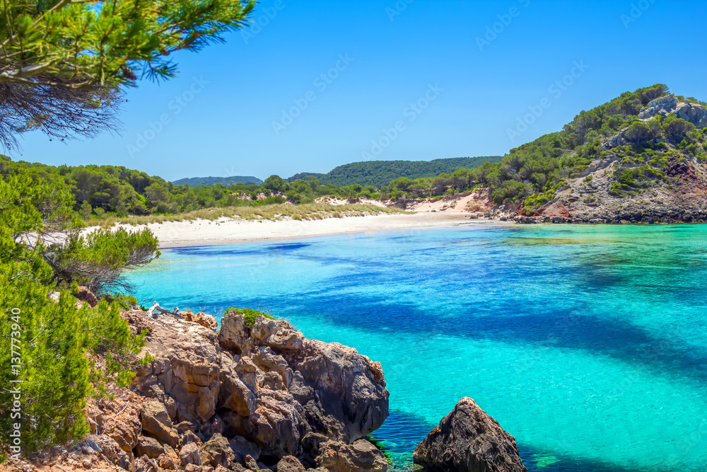Platja des Bot beach in summer sunny day at Menorca Island, Balearic Islands,  Spain. ilustración de Stock | Adobe Stock