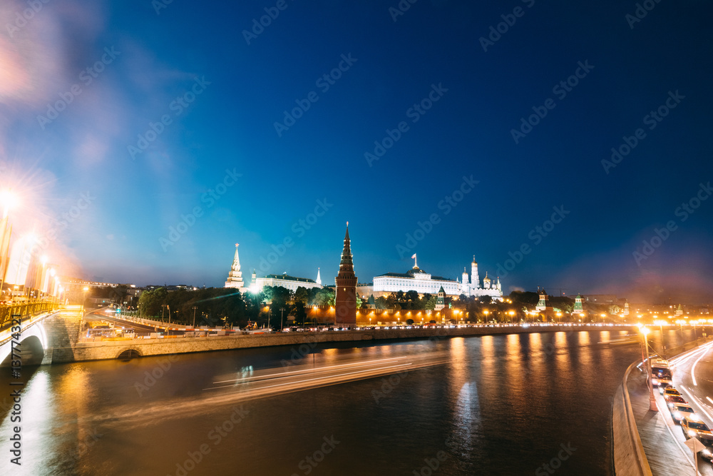 Kremlin Wall and Moscow river at night