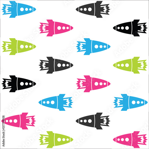 Pink and blue rocket pattern on the white background