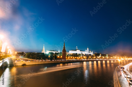 Kremlin Wall and Moscow river at night