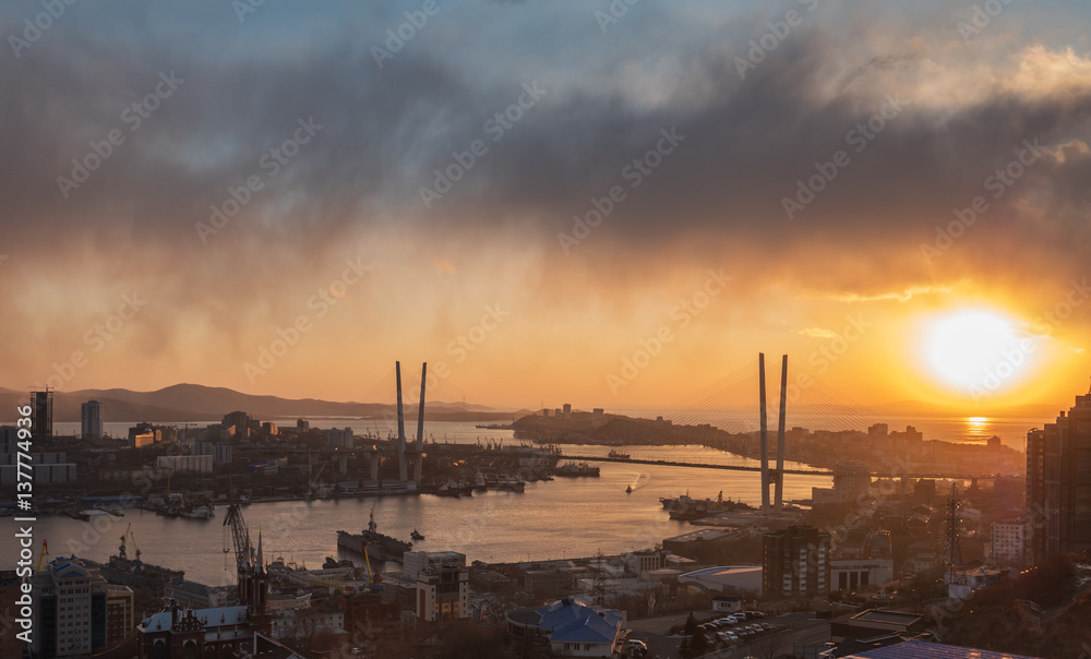 Vladivostok cityscape, sunset view.