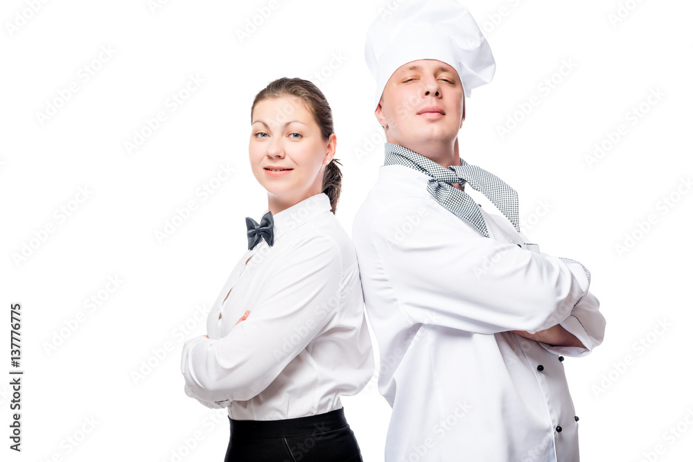 confident waitress and chef on white background portrait in uniform
