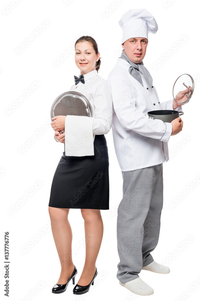 Team waiter and chef portrait on white background