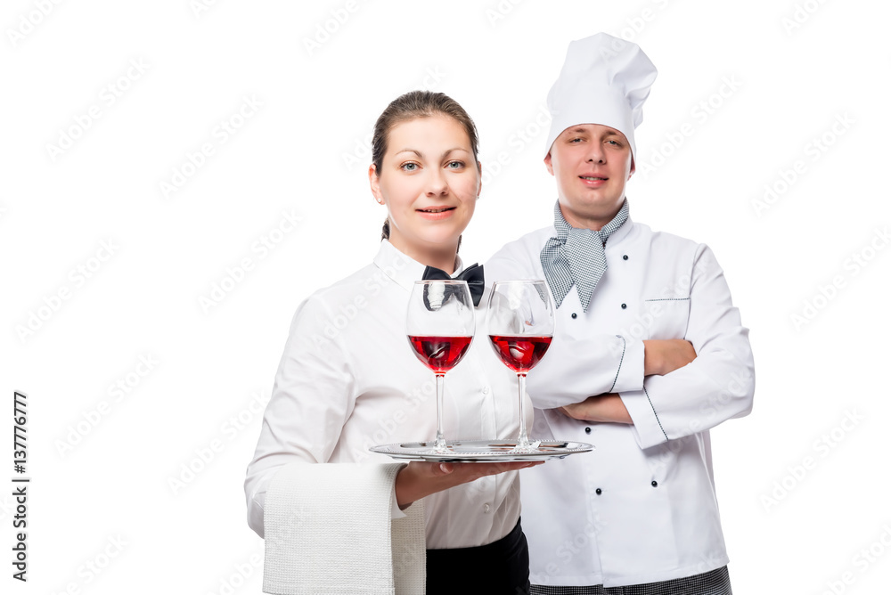 portrait a waitress with glasses of wine on a tray and a chef on a white background