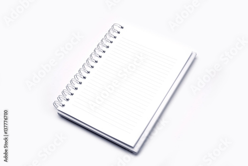 Open blank paper leather notebook on white background.