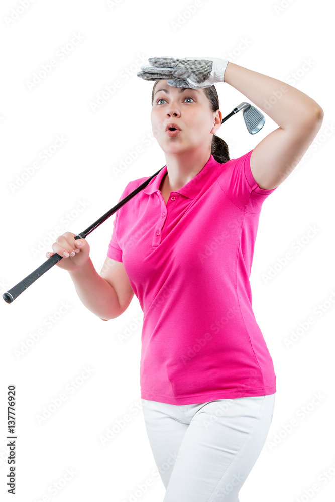 athlete woman watching the ball flight path of golf on a white background athlete woman watching the ball flight path of golf on a white background
