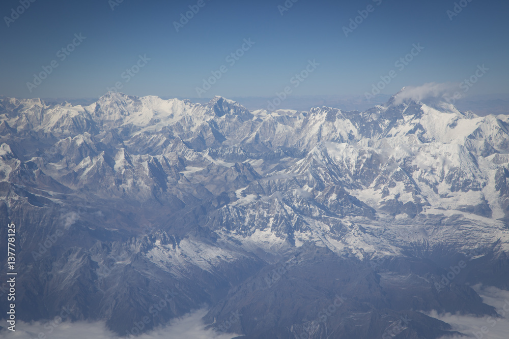 Panoramic view of Himalaya Mountains from the air; view from the plane from Katmandu to Bhutan