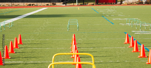 Slika na platnu Cones and hurdles set up on turf field