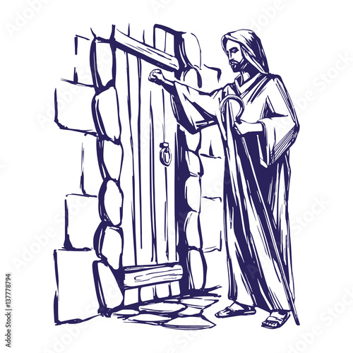 Foto Jesus Christ, Son of God knocking at the door, symbol of Christianity hand drawn