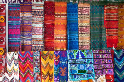 Traditional fabric at the street market in Flores, Guatemala. photo