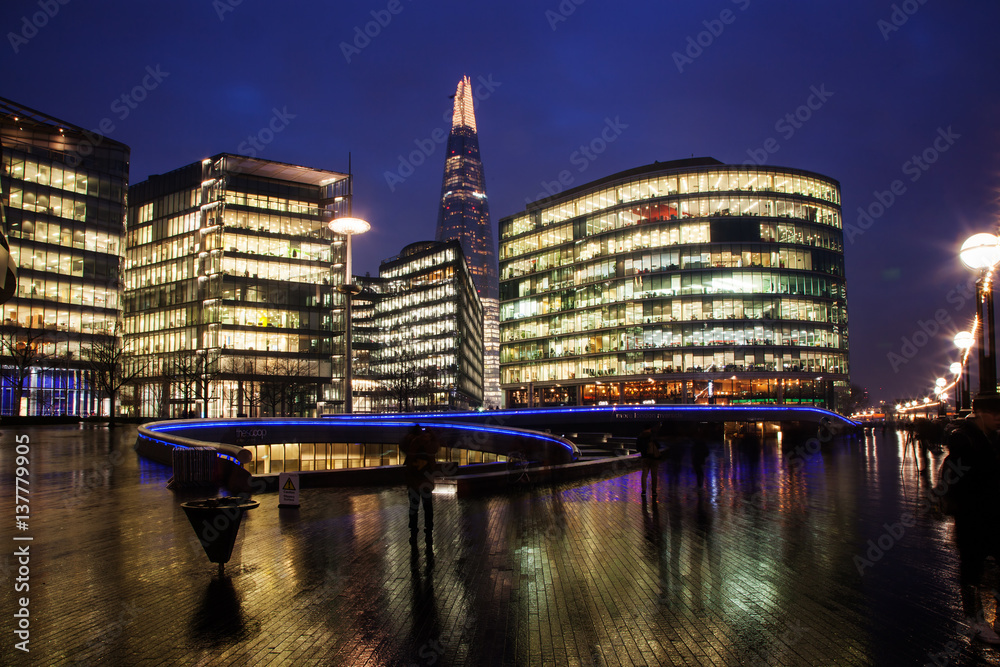the Shard, The City Hall and office buildings at night, London