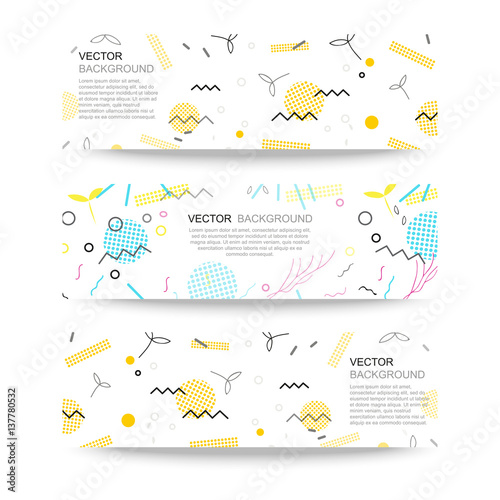 Trendy geometric elements memphis banner. Pattern for tissue and postcards. Spring poster, blue and pink color background.