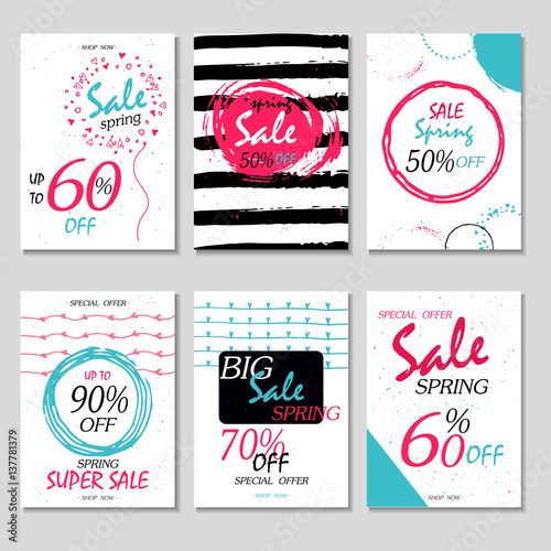 Set of 6 spring discount cards design. Can be used for social media sale website  poster  flyer  email  newsletter  ads  promotional material. Mobile banner template.
