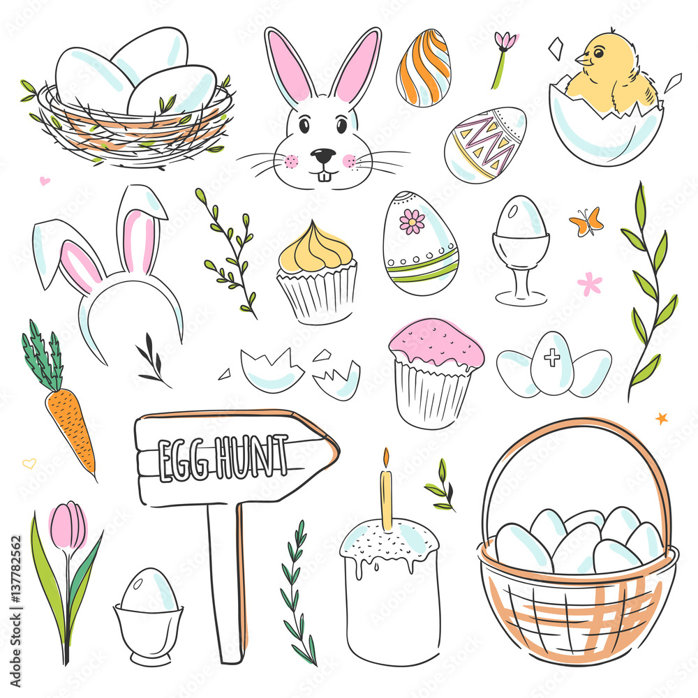 Cute vector Easter doodles isolated on white, chicken, bunny, ornamental eggs, flowers Stock Vector