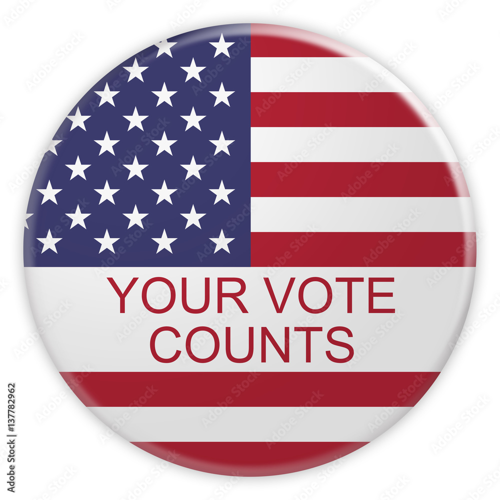 USA News Concept Badge: Your Vote Counts Button With US Flag, 3d illustration on white background USA News Concept Badge: Your Vote Counts Button With US Flag, 3d illustration on white background