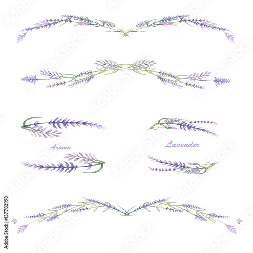A set with an isolated frame borders, floral decorative ornaments with the watercolor lavender flowers, hand drawn on a white background for a wedding or other decoration