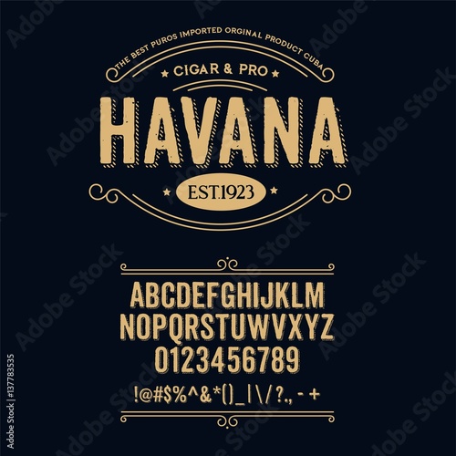 Typeface. Label. Cigar Havana typeface, labels and different type designs