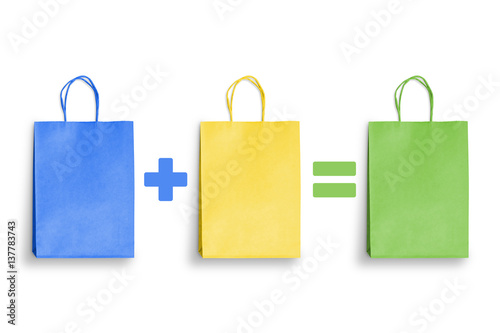 Colorful shopping bags. Purchase plus purchases equal to the sum. Empty space on bags for text input. Discount, saving promotion.