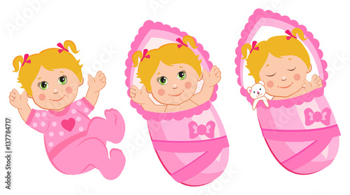 Newborn Girl Care. Vector Illustration Of Newborn. Babies Girls Set. Newborn Babies Sleeping. Cutie Dolls. Newborn Babies Eyes.