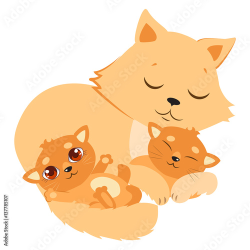 Sleeping Cat. Sleeping Cat And Kitten. Sweet Kitty Cartoon Vector Card. Good Night Vector Illustration.
