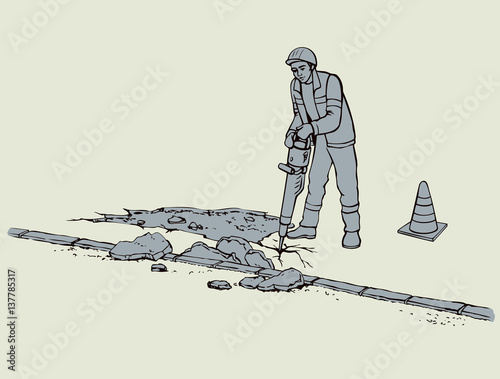 Vector drawing. Roadworks. Construction worker with jackhammer