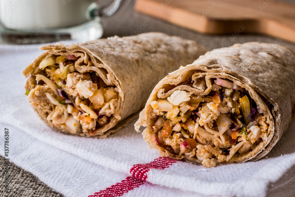 Chicken shawarma durum kebab with ayran or buttermilk / Tantuni. Chicken shawarma durum kebab with ayran or buttermilk / Tantuni.