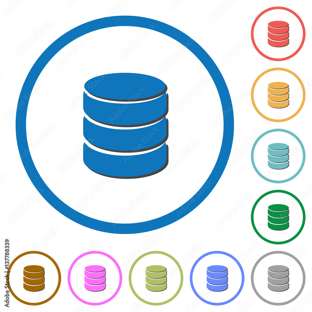 Database symbol icons with shadows and outlines Database symbol icons with shadows and outlines